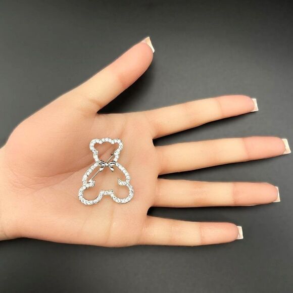 Silver with White Diamond Crystal Teddy Bear and Bow Silhouette Pin Back Brooch - Picture 7 of 7